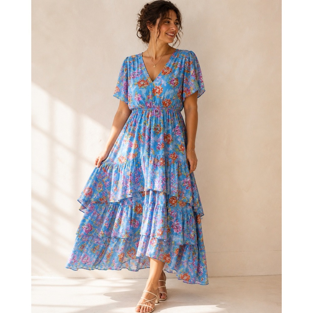 Cottage Floral Ruffle Layer Maxi Dress Coquette Peasant Feminine Party Size L